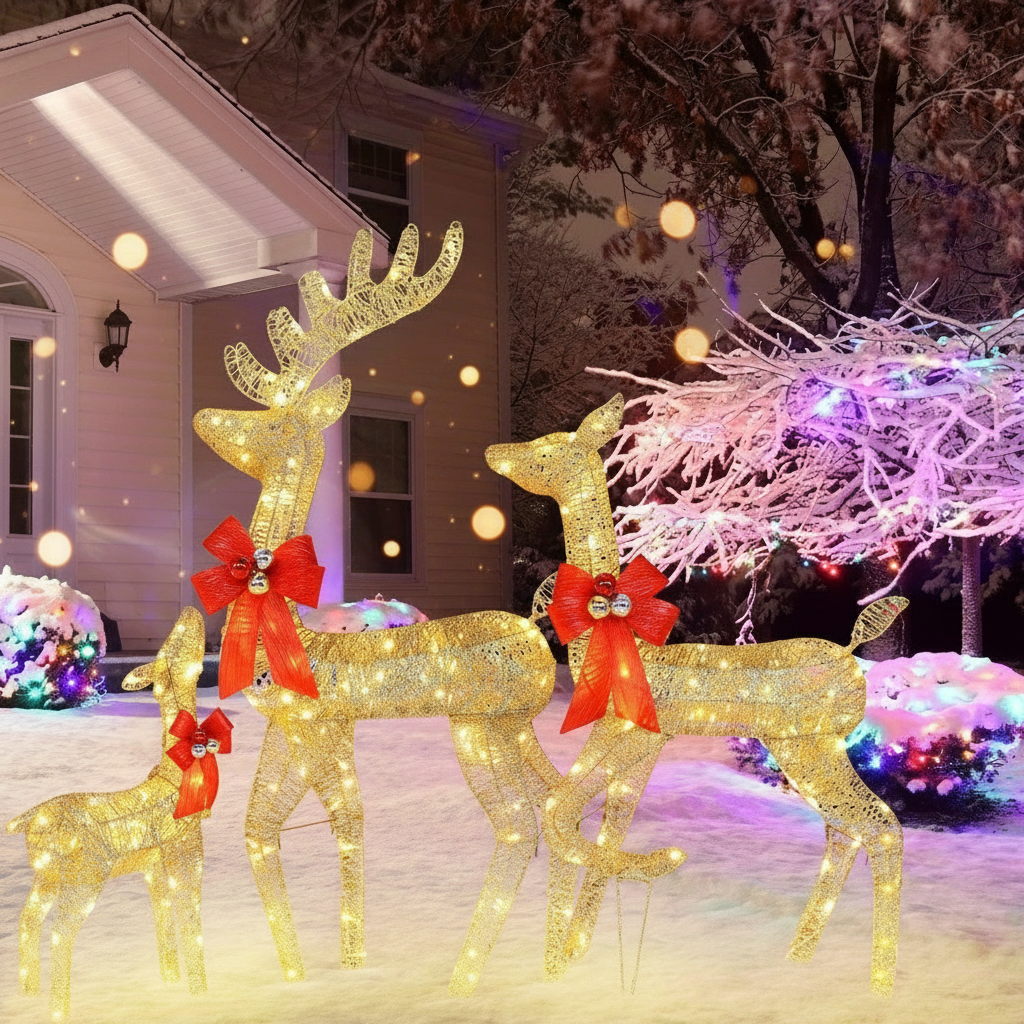Golden Christmas Reindeer Set – 3-Piece LED Holiday Decoration