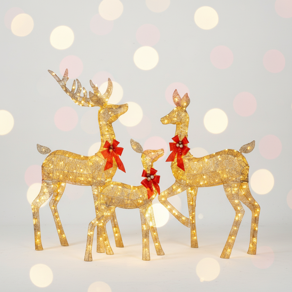 Golden Christmas Reindeer Set – 3-Piece LED Holiday Decoration